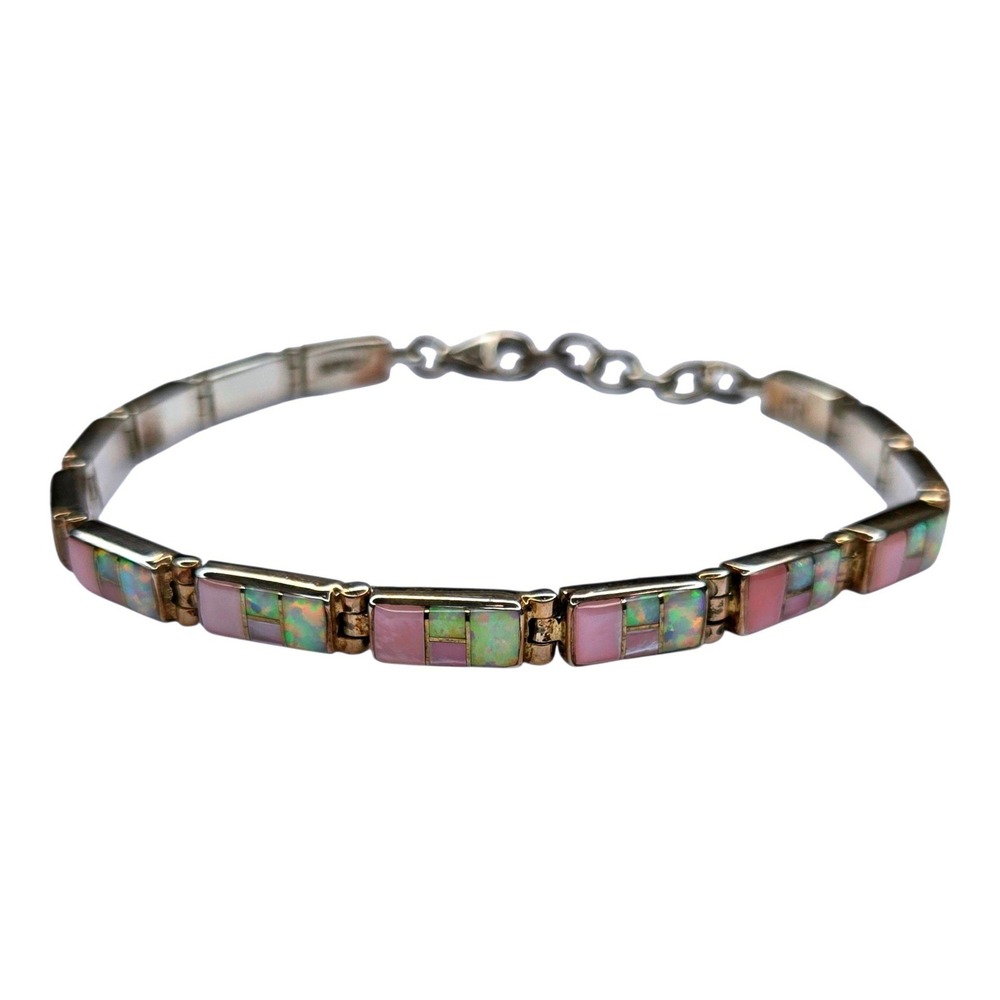 MB Bracelet Sterling Silver 925 Pink Opal Mother of Pearl In Link Adjustable 7-8